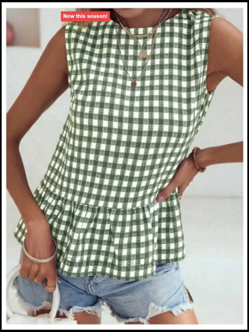 Womens Sleeveless Gingham Print Peplum Top Ruffle Hem Blouse